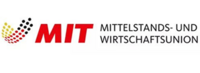Logo der Mittelstands- und Wirtschaftsunion (MIT) mit stilisiertem roten und schwarzen Punktmuster und dem Schriftzug „MIT Mittelstands- und Wirtschaftsunion“ in klarer Schrift.